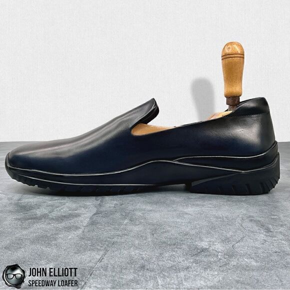 JOHN ELLIOTT SPEEDWAY LEATHER LOAFERS IN BLACK BUFFED CALFSKIN MEN’S LUXURY SHOE - Picture 7 of 16